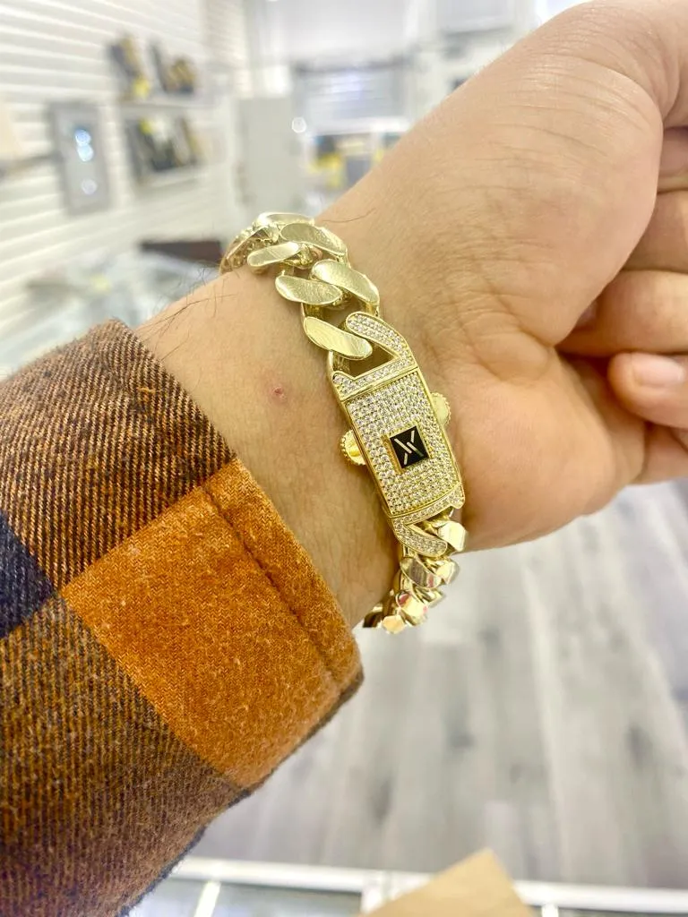 10K Yellow Gold Miami Curb Monaco Bracelet 13mm Mens 8"
