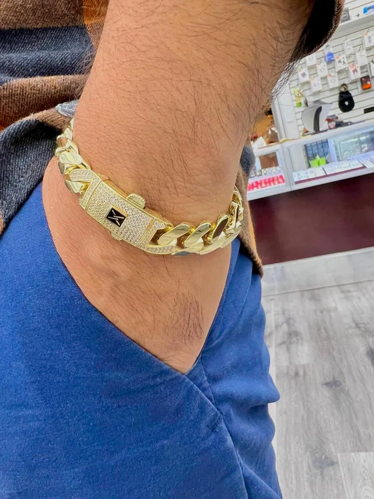 10K Yellow Gold Miami Curb Monaco Bracelet 13mm Mens 8"