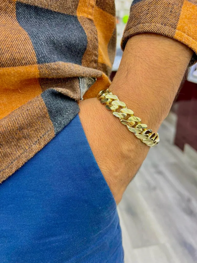 10K Yellow Gold Miami Curb Monaco Bracelet 13mm Mens 8"