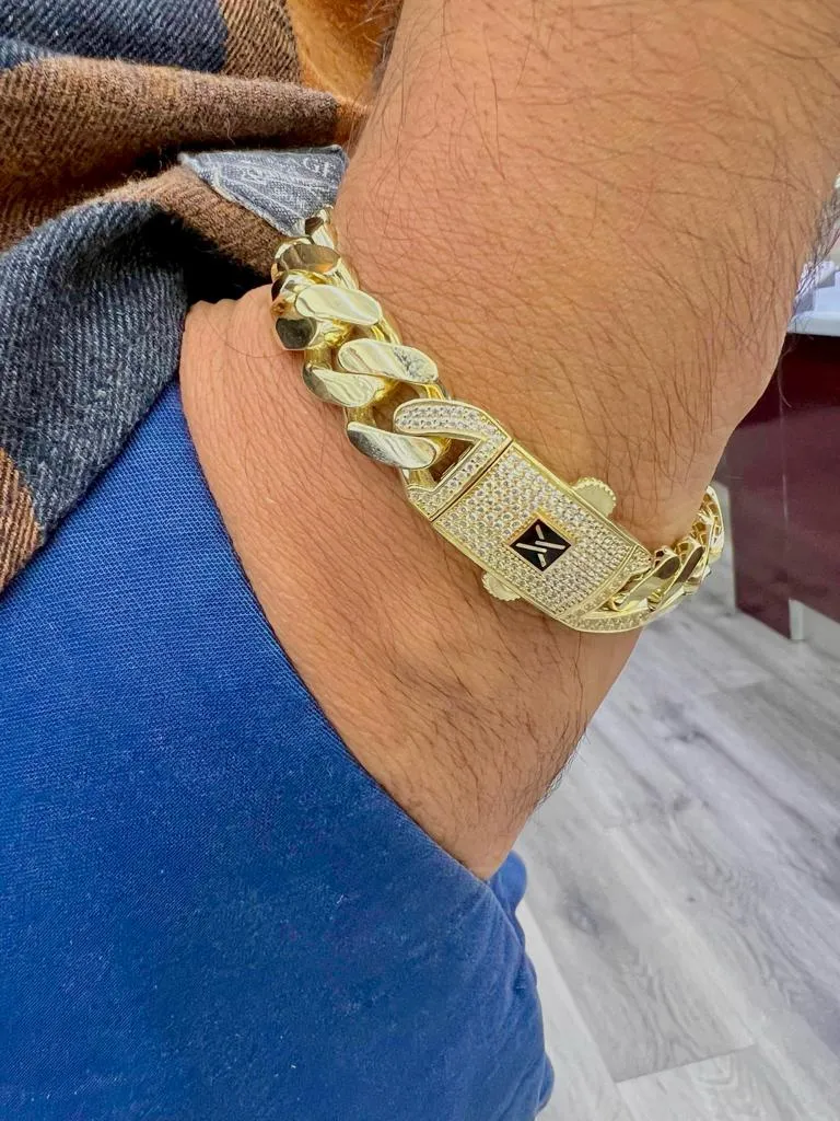10K Yellow Gold Miami Curb Monaco Bracelet 13mm Mens 8"