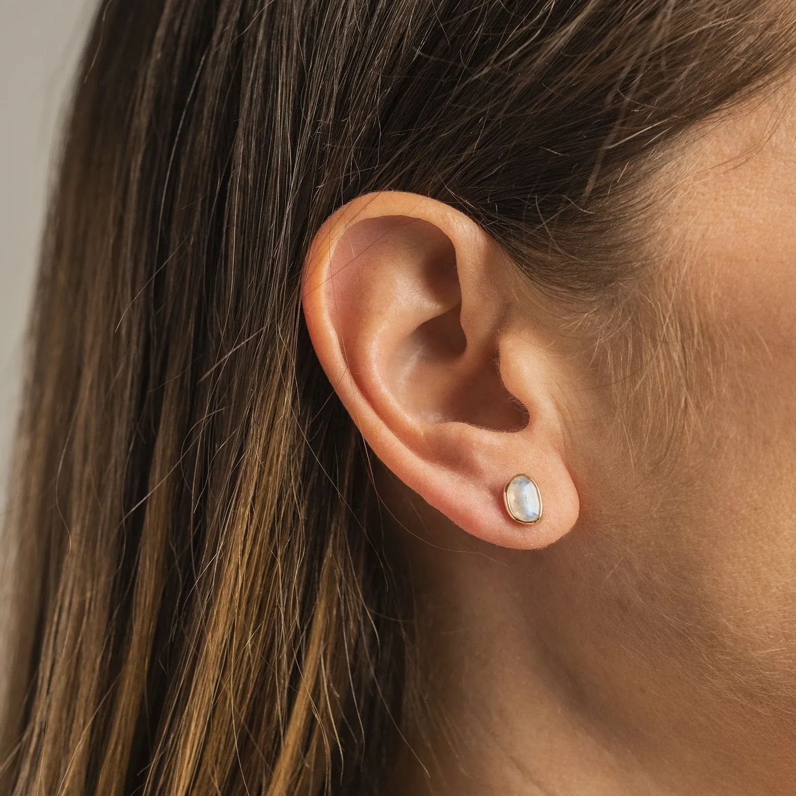 14K Yellow Gold Moonstone Stud Earrings