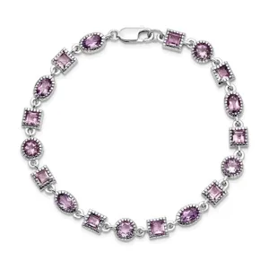 .925 White Tennis Bracelet Colored Stone, With Amethysts 7" Long