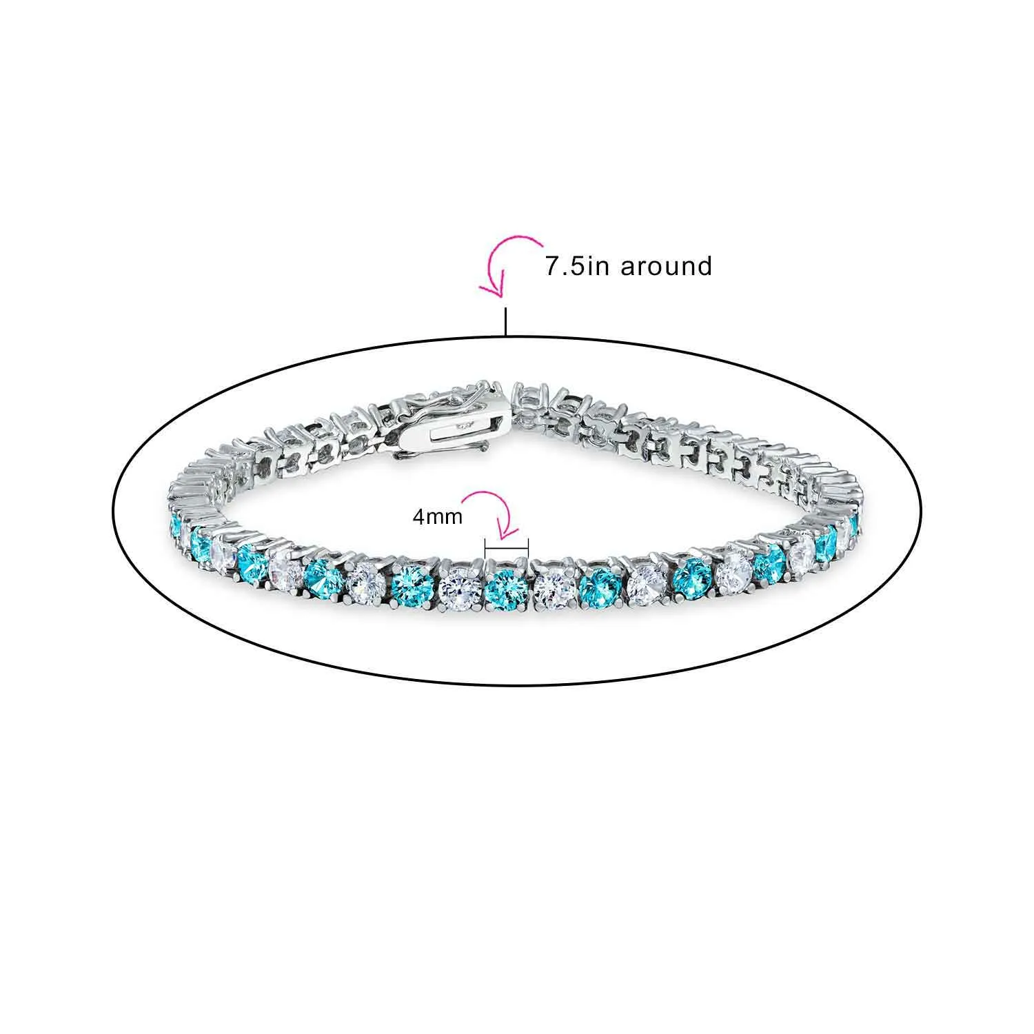 Alternating Round CZ 12CT 4 Prong Basket Set Tennis Bracelet Silver 7.5 Inch