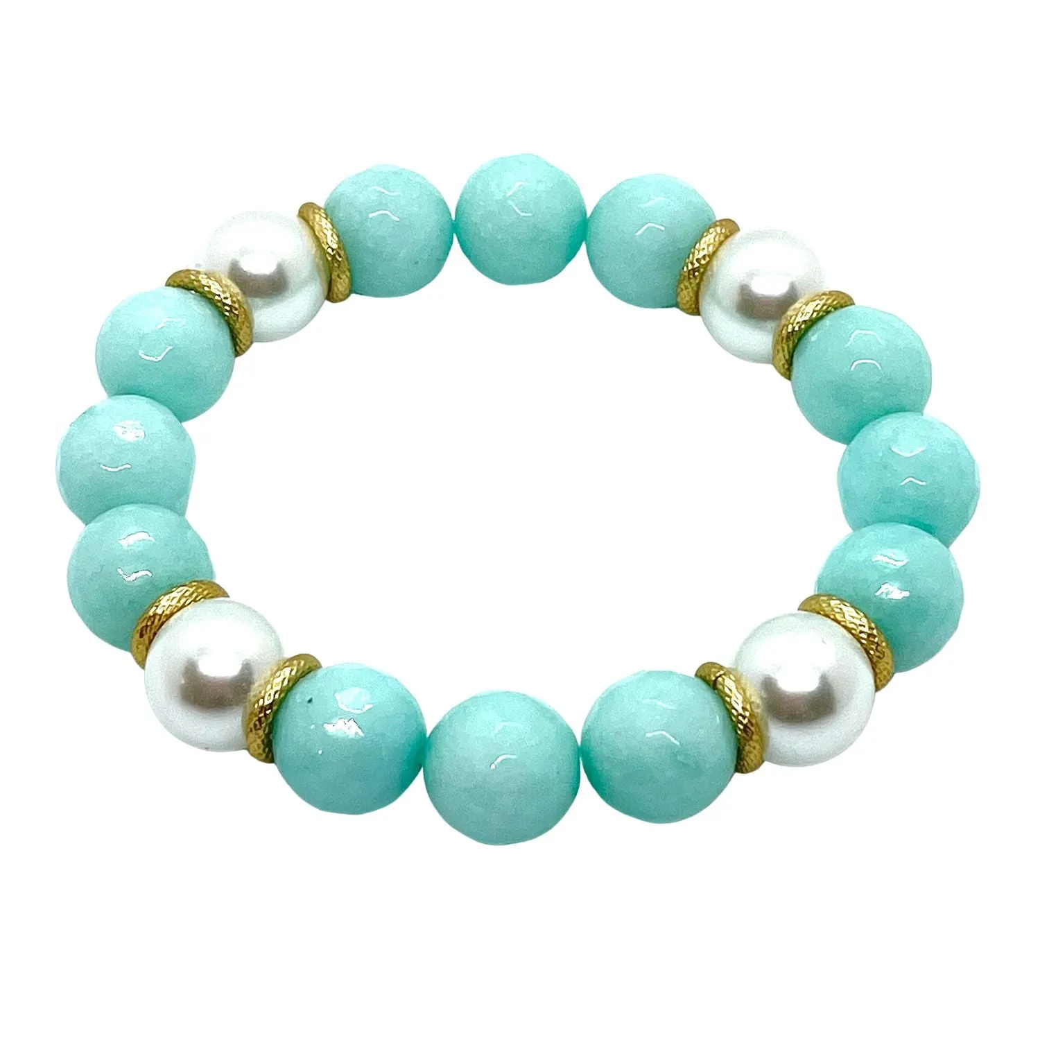 Aqua Jade and  Glass Pearl Stretch Bracelet