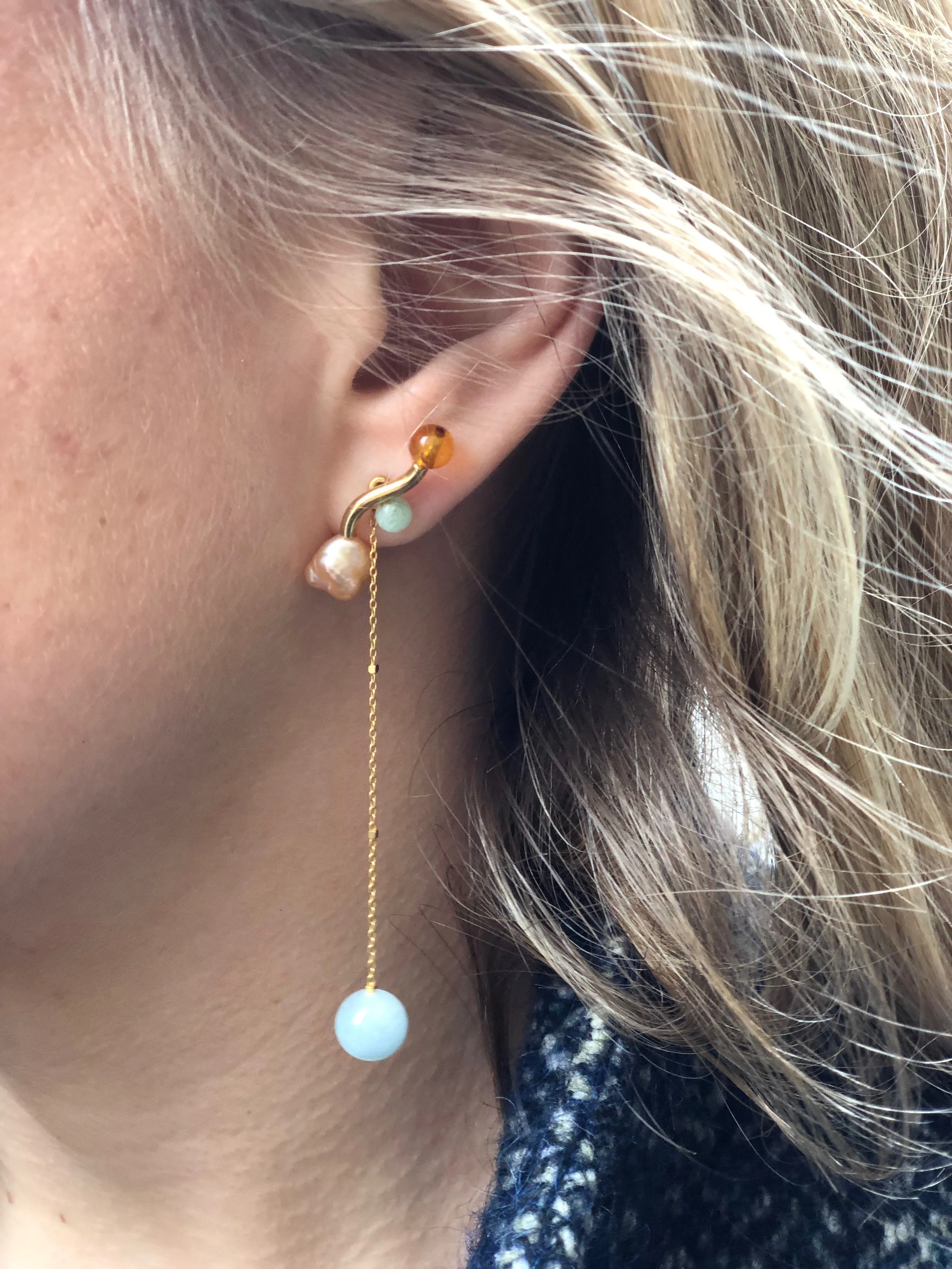 Arwa Silver Earring w. Pearl, Amber & Aquamarine