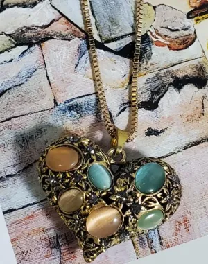 AZ99 Antique Gold Heart Multi Color Moonstone Necklace with FREE EARRINGS