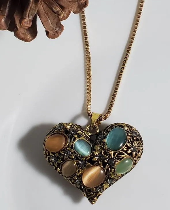 AZ99 Antique Gold Heart Multi Color Moonstone Necklace with FREE EARRINGS