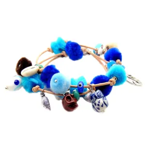 Azure Pompom Lucky Charms Leather Cord Bracelet
