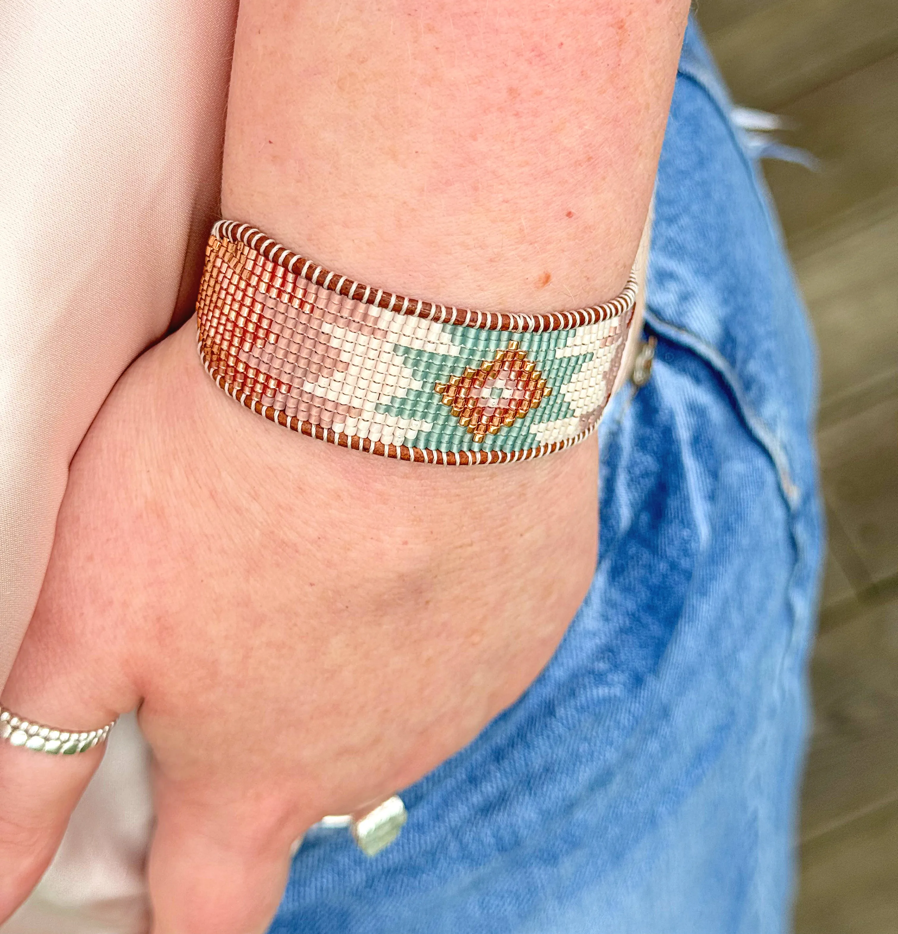 Blush Rose, Sea Glass and Rose gold Starburst Beaded Western Loom Bracelet