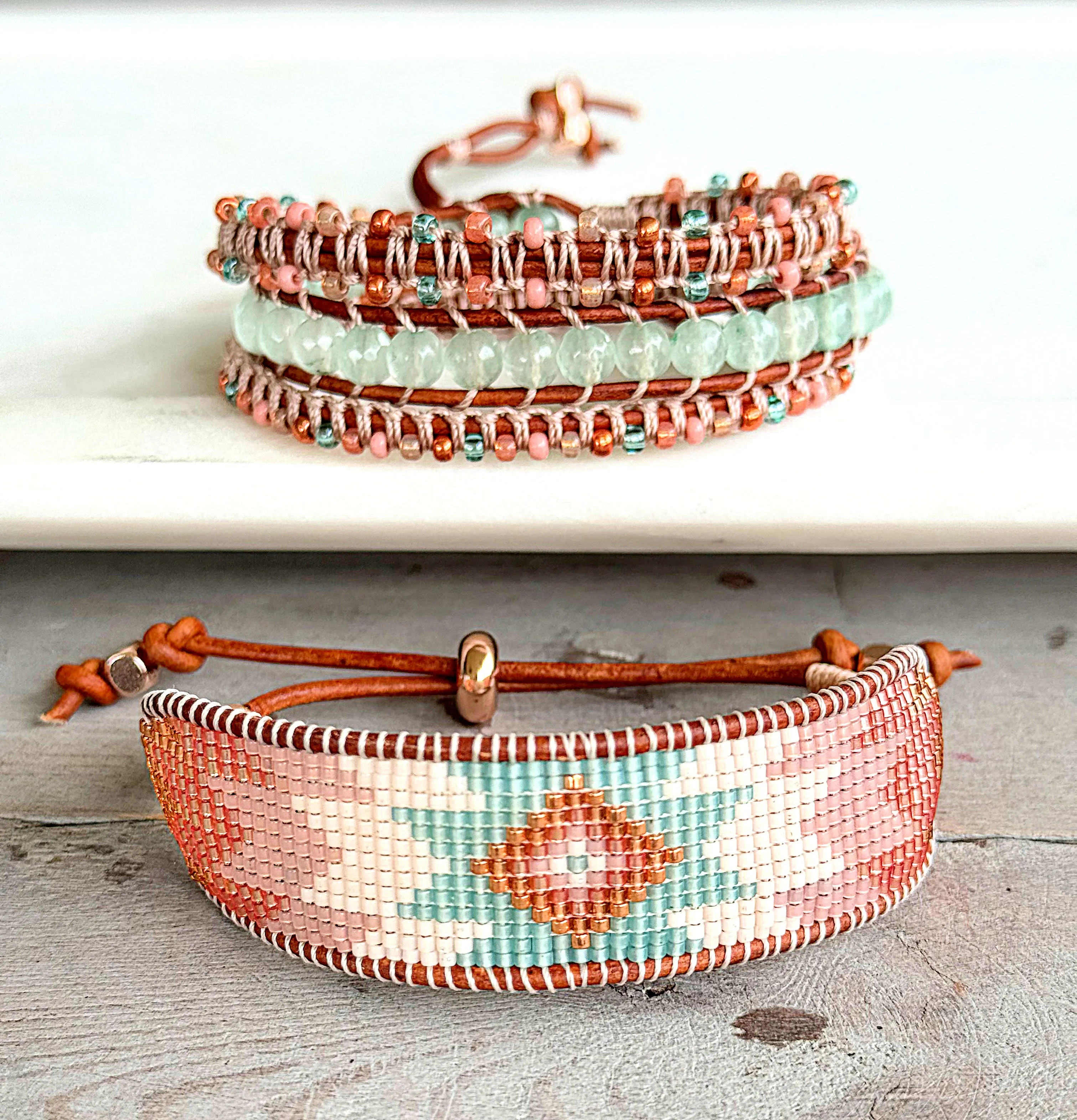 Blush Rose, Sea Glass and Rose gold Starburst Beaded Western Loom Bracelet