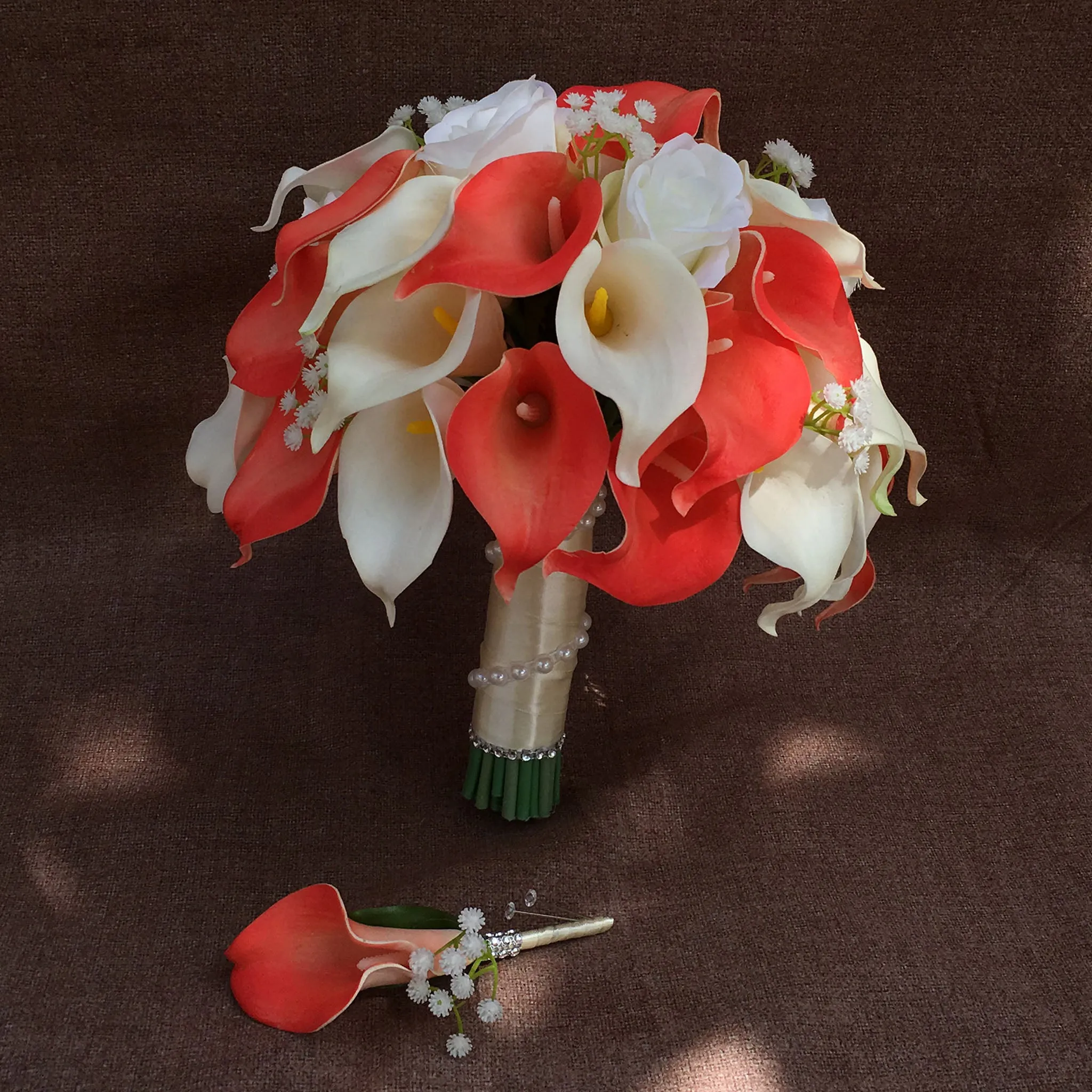 Calla Lily Bouquet in Coral for Wedding Flowers Corsages Boutonnieres