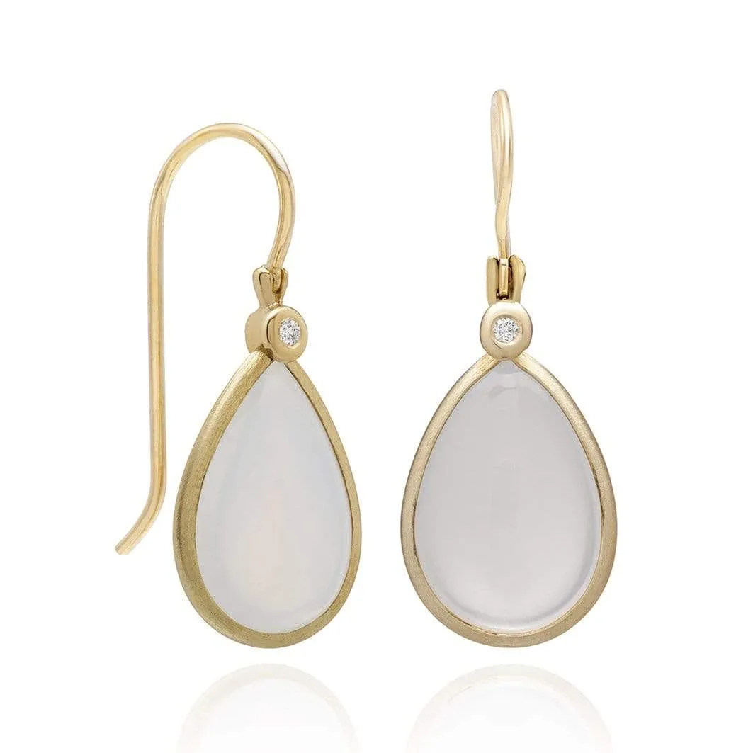 Color Collection 14KT YG Tear Drop White Moonstone & Diamonds dangle Earrings