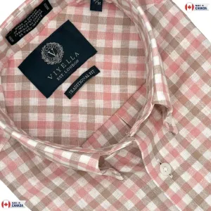 Coral Gingham Men's Short Sleeve Shirt in Cotton & Linen