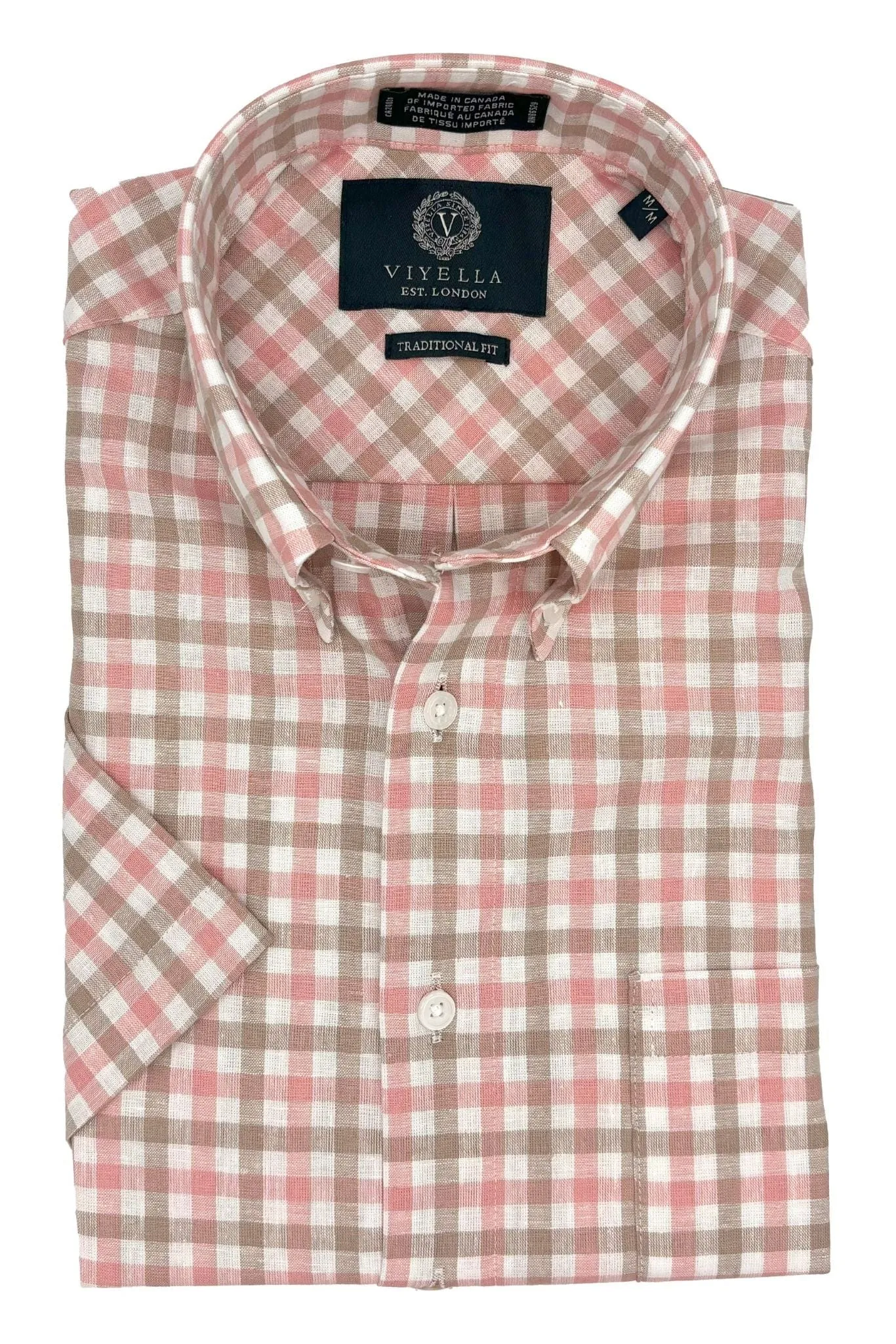 Coral Gingham Men's Short Sleeve Shirt in Cotton & Linen