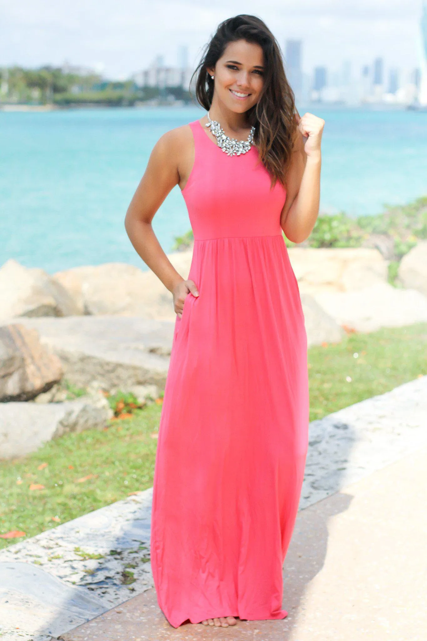 Coral Maxi Dress with Pockets