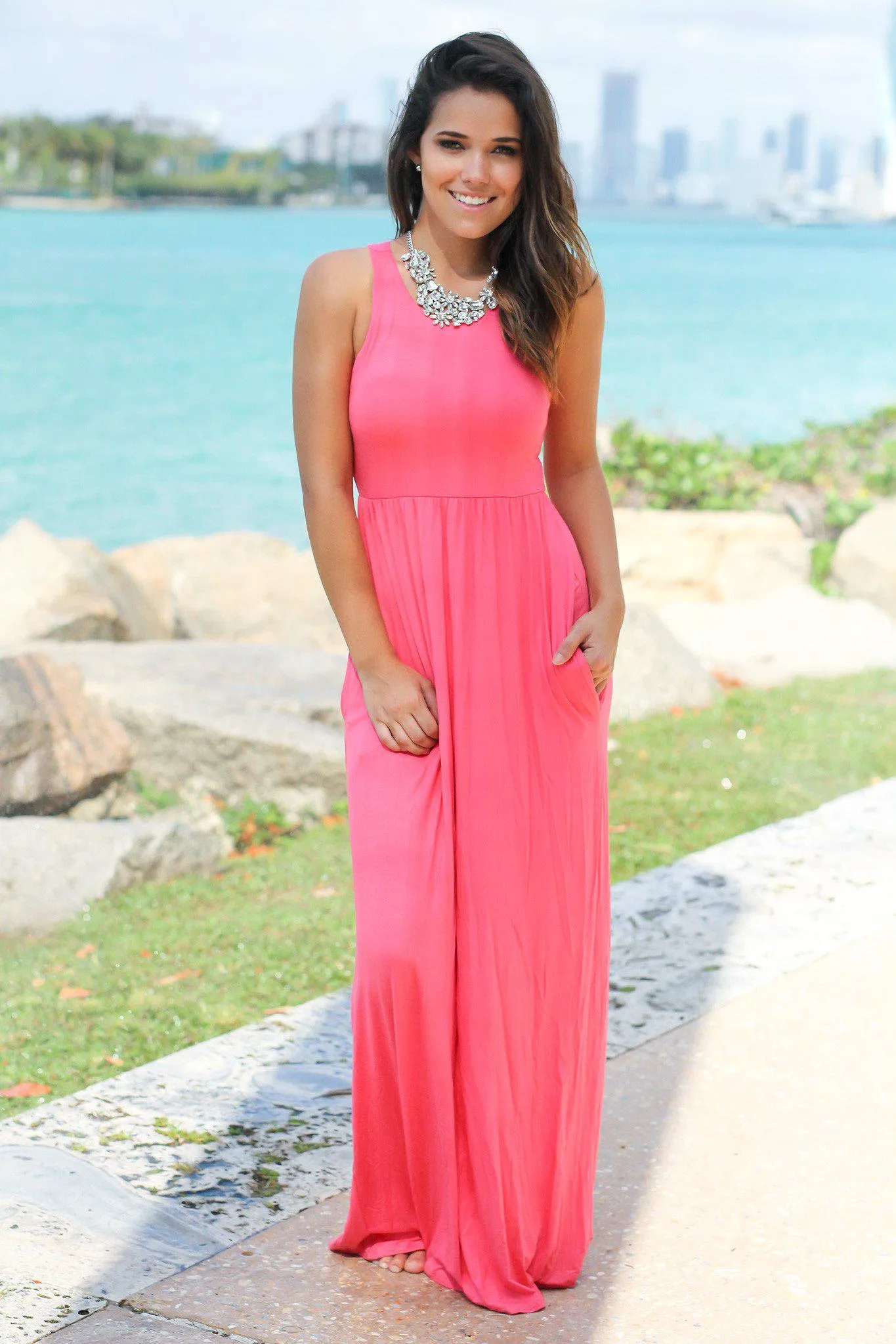 Coral Maxi Dress with Pockets