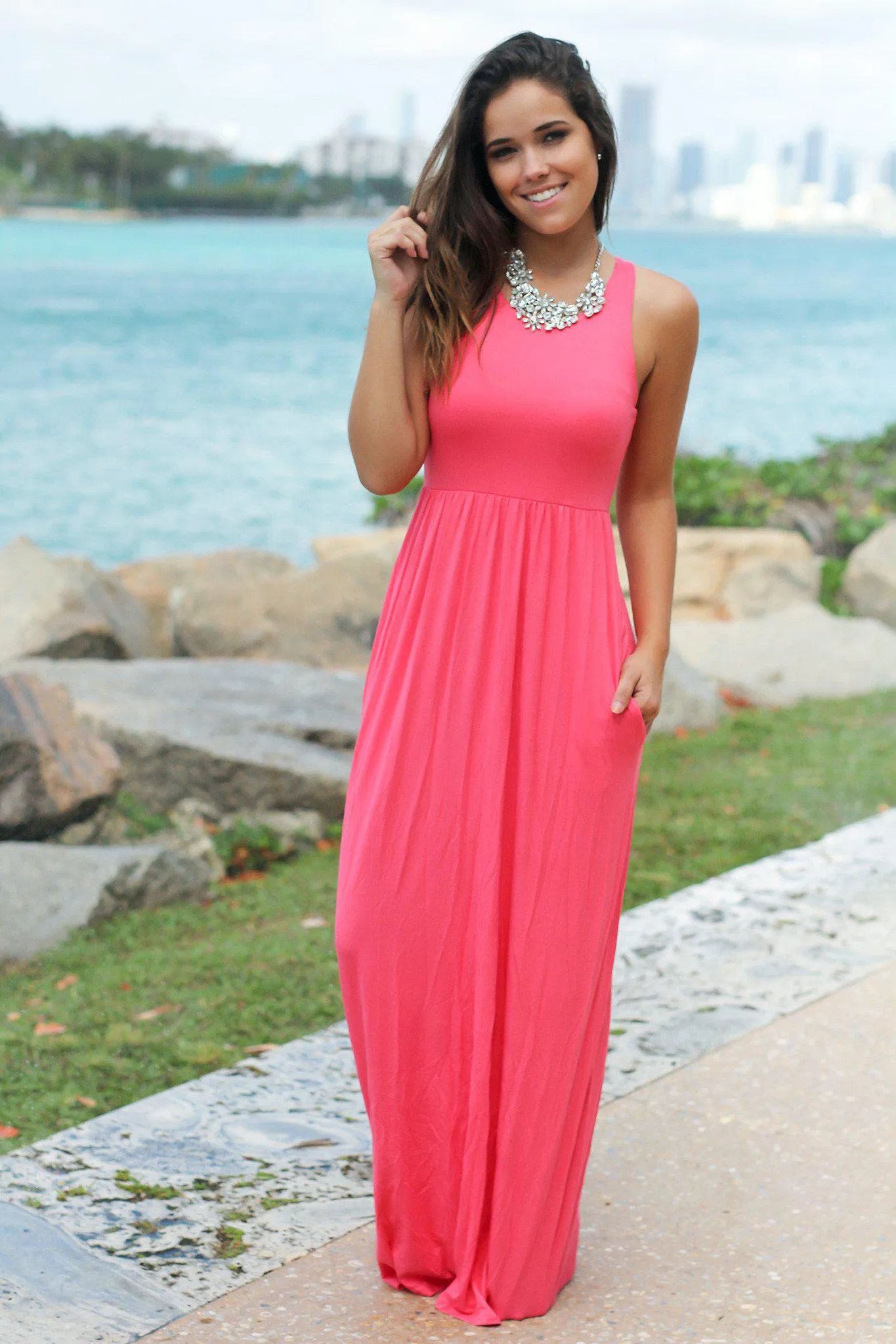 Coral Maxi Dress with Pockets