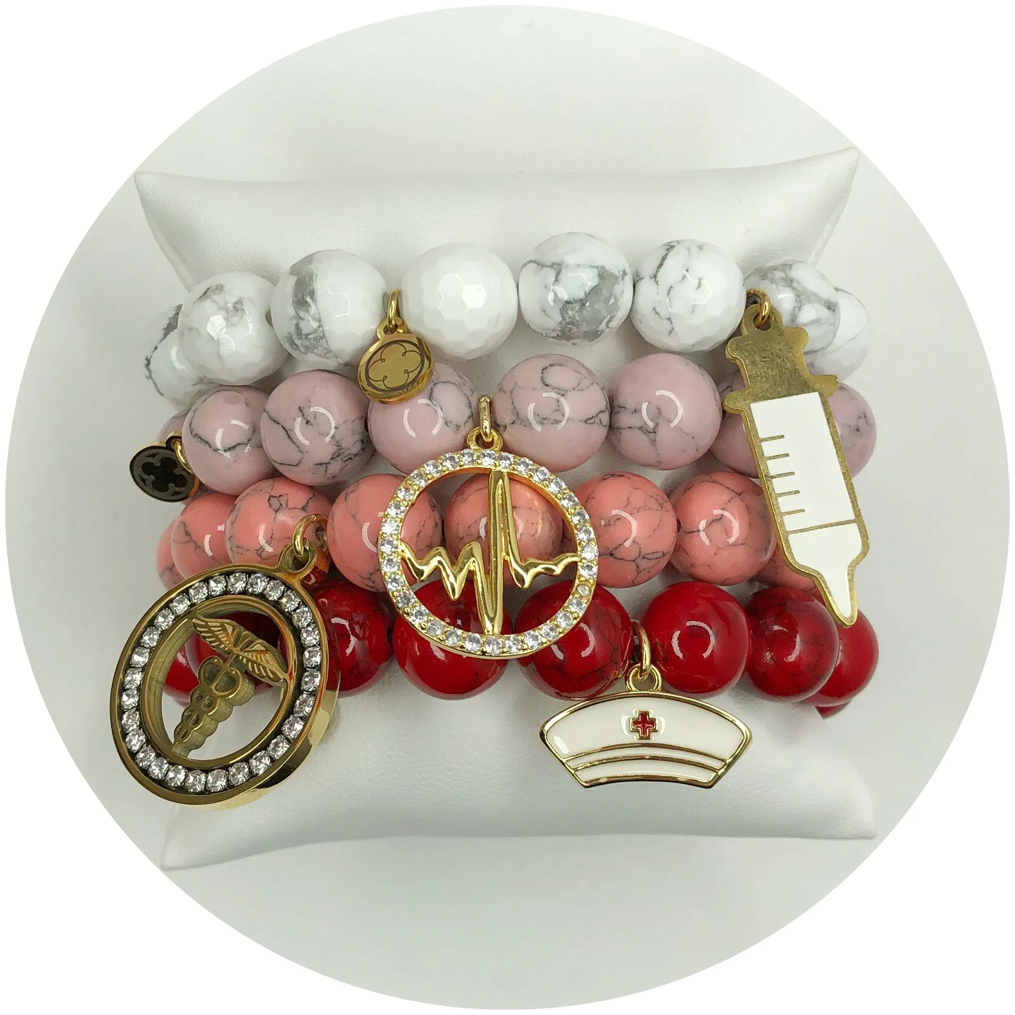 Coral Pink Howlite with Caduceus Staff of Hermes Pendant