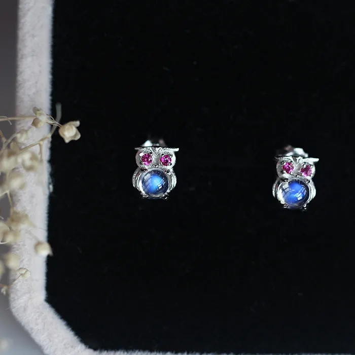 Cute Owl Shaped Moonstone Stud Earrings in White Gold Plated Sterling Silver Jewelry Accessories Women