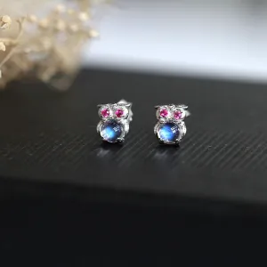 Cute Owl Shaped Moonstone Stud Earrings in White Gold Plated Sterling Silver Jewelry Accessories Women