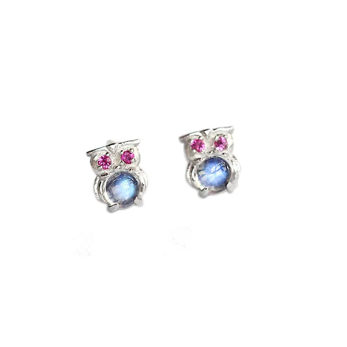 Cute Owl Shaped Moonstone Stud Earrings in White Gold Plated Sterling Silver Jewelry Accessories Women