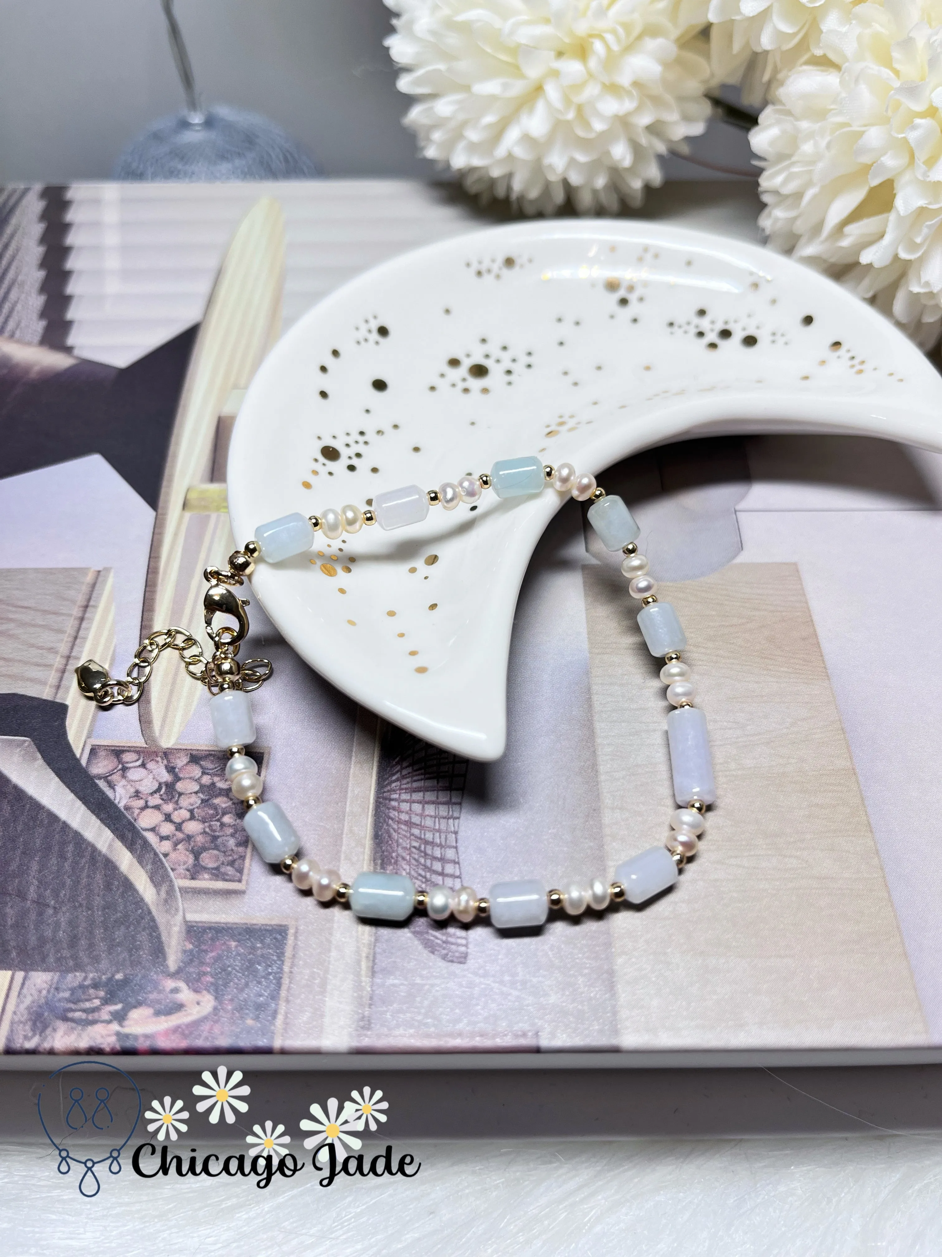 Dainty Minimalist Elegant Natural Grade A Authentic Untreated Burma Jadeite Jade Feicui with Freshwater Pearls Handmade Bracelet