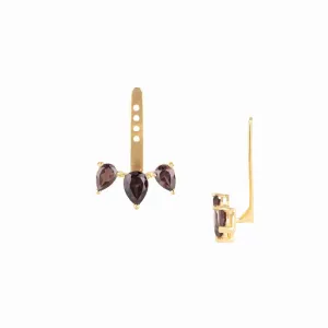 Dew Drops Smoky Quartz Three Stone Ear-Jacket Earrings Gold