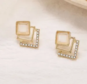 E1034 Gold Triple Square Moonstone with Rhinestones Earrings