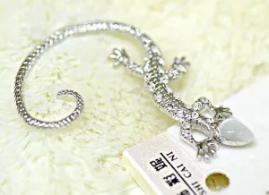E1231 Silver with Rhinestones & Moonstone Gecko SINGLE Earring
