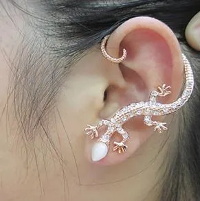 E1231 Silver with Rhinestones & Moonstone Gecko SINGLE Earring
