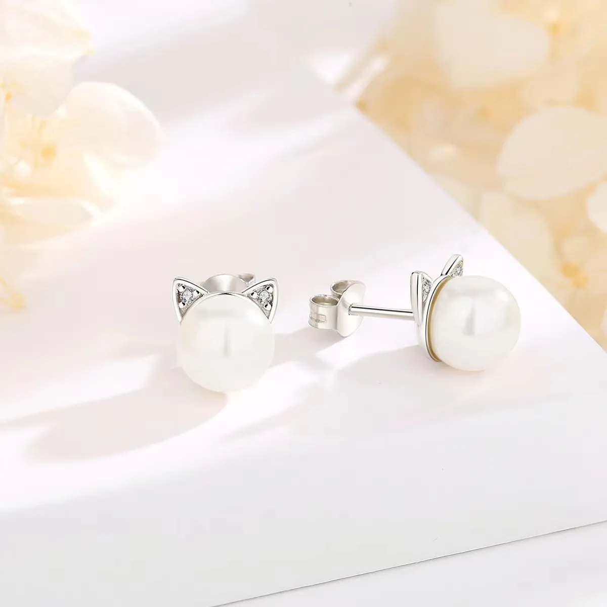 Eudora Authentic 925 Sterling Silver Pearl Cat Stud Earrings with Moonstone Hoop - Elegant Animal-Inspired Jewelry Gift for Her