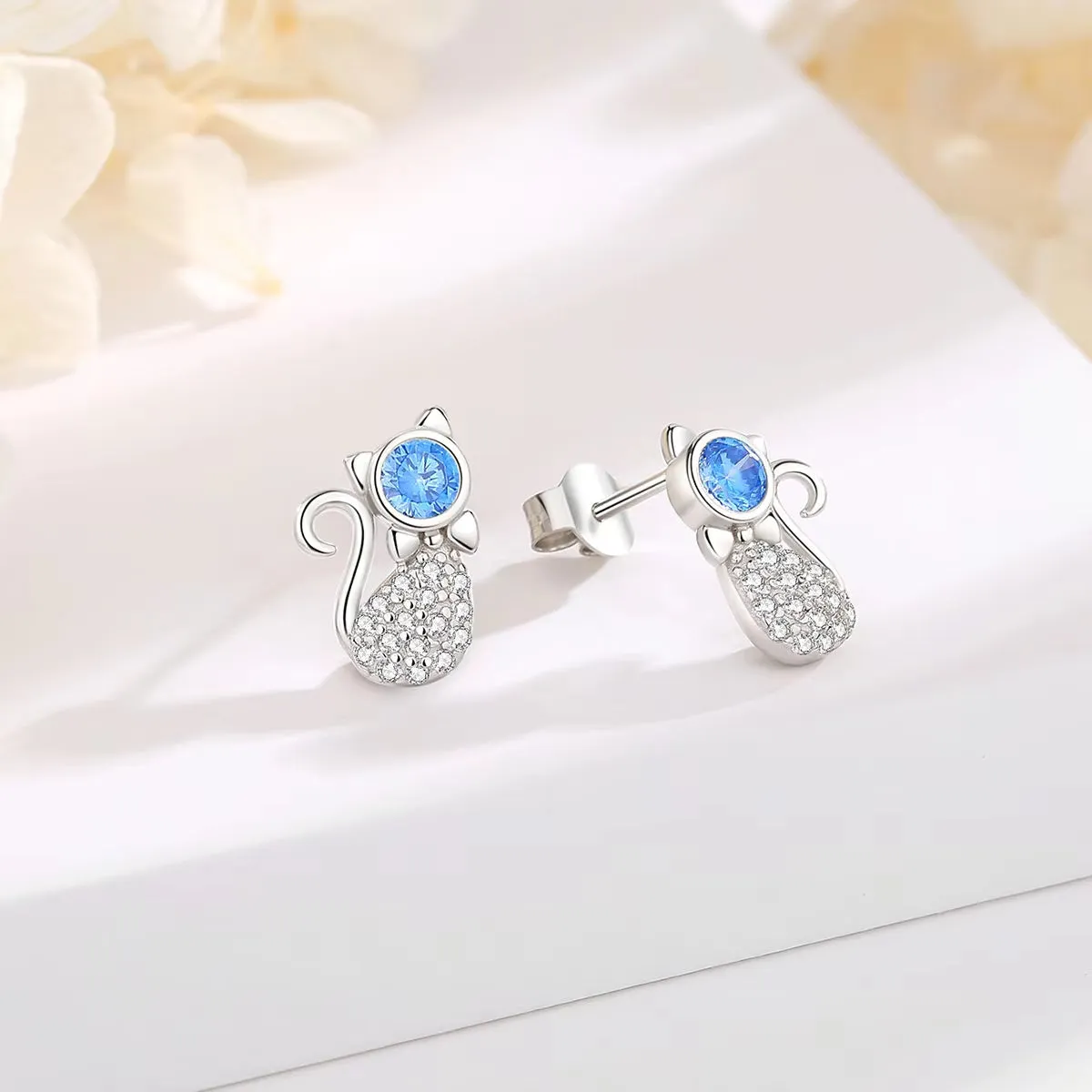Eudora Authentic 925 Sterling Silver Pearl Cat Stud Earrings with Moonstone Hoop - Elegant Animal-Inspired Jewelry Gift for Her