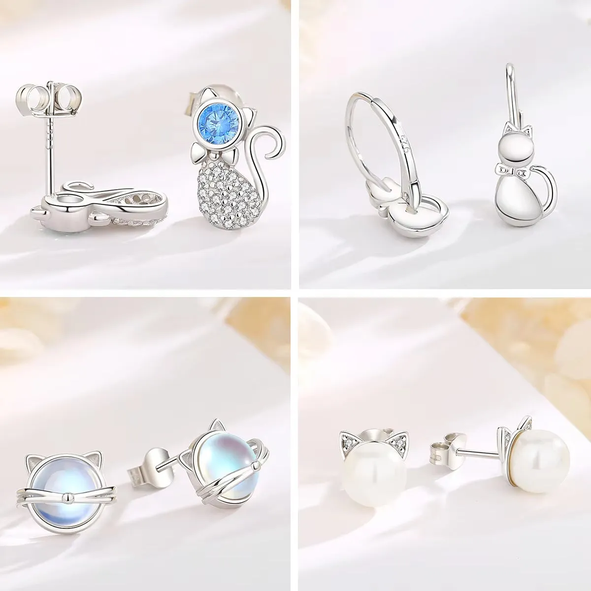 Eudora Authentic 925 Sterling Silver Pearl Cat Stud Earrings with Moonstone Hoop - Elegant Animal-Inspired Jewelry Gift for Her