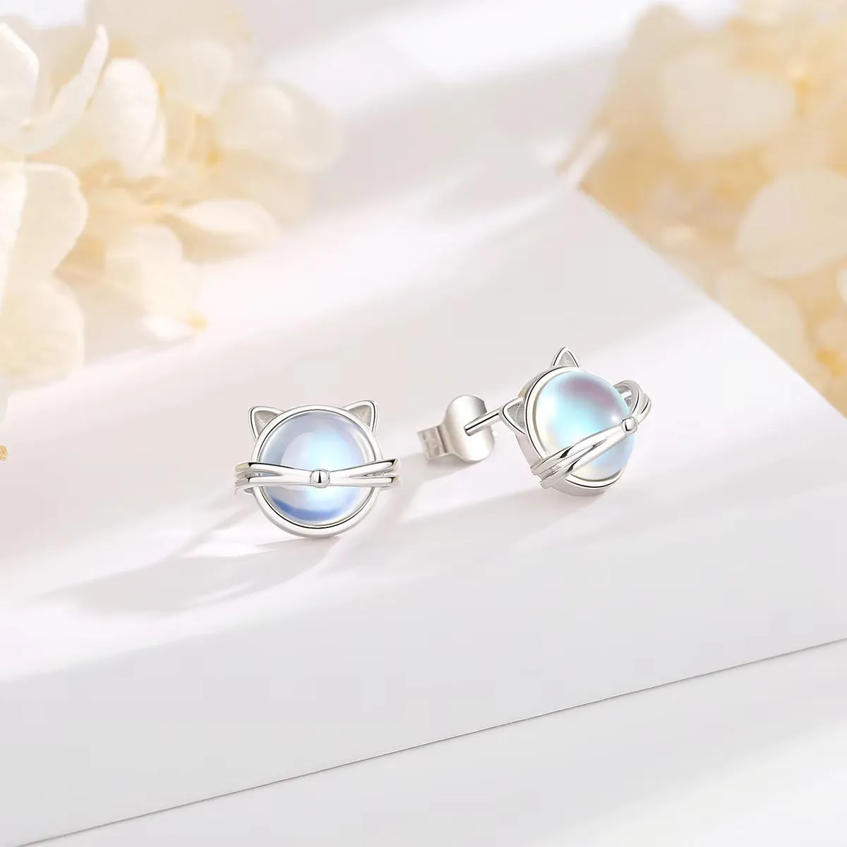 Eudora Authentic 925 Sterling Silver Pearl Cat Stud Earrings with Moonstone Hoop - Elegant Animal-Inspired Jewelry Gift for Her