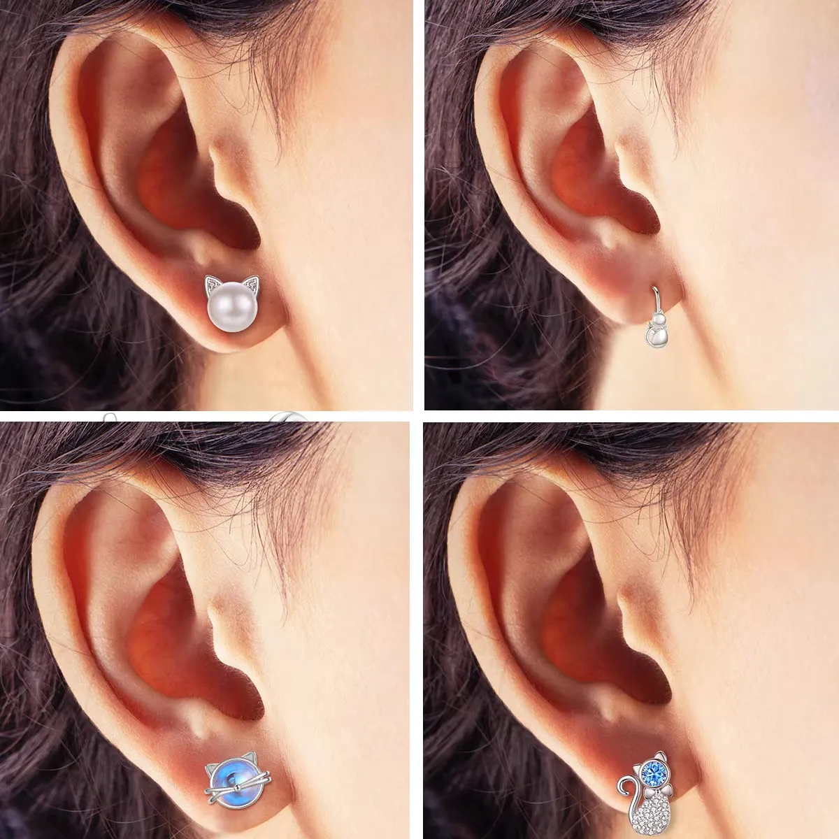 Eudora Authentic 925 Sterling Silver Pearl Cat Stud Earrings with Moonstone Hoop - Elegant Animal-Inspired Jewelry Gift for Her