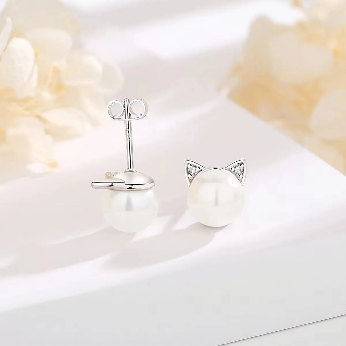 Eudora Authentic 925 Sterling Silver Pearl Cat Stud Earrings with Moonstone Hoop - Elegant Animal-Inspired Jewelry Gift for Her