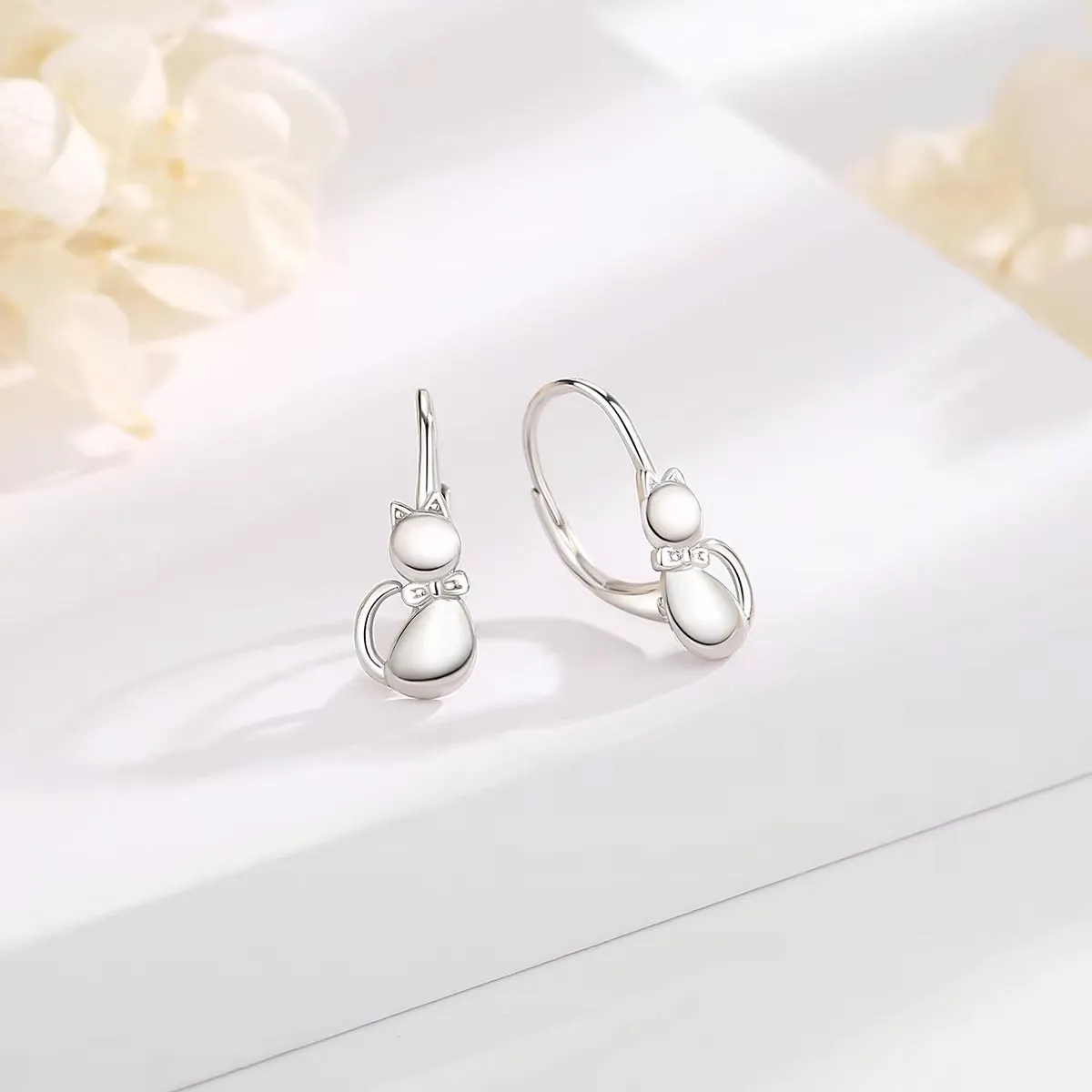 Eudora Authentic 925 Sterling Silver Pearl Cat Stud Earrings with Moonstone Hoop - Elegant Animal-Inspired Jewelry Gift for Her