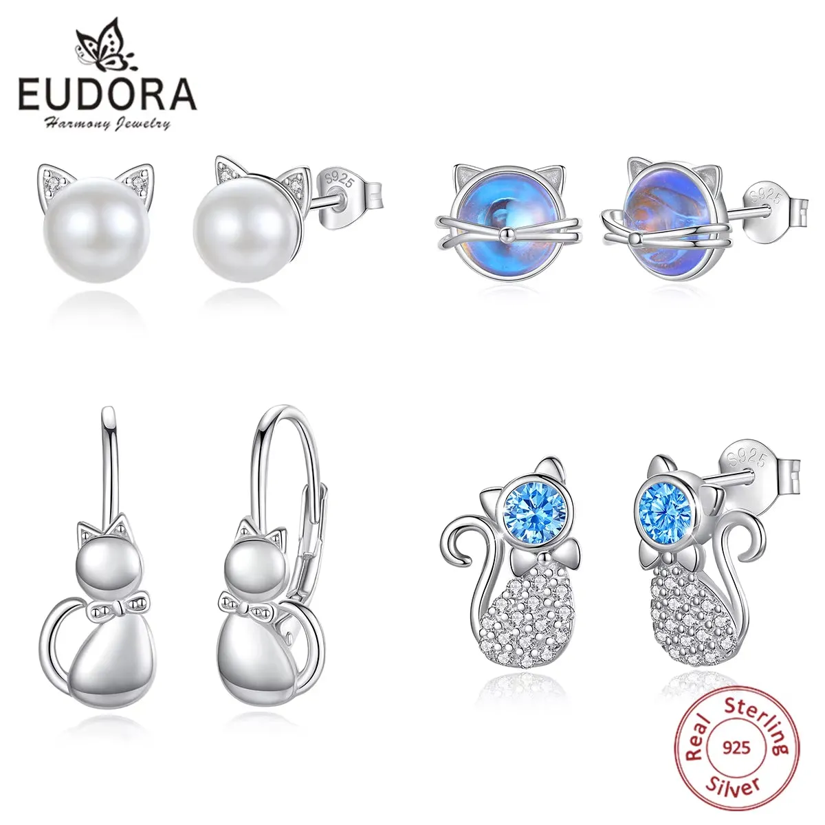 Eudora Authentic 925 Sterling Silver Pearl Cat Stud Earrings with Moonstone Hoop - Elegant Animal-Inspired Jewelry Gift for Her