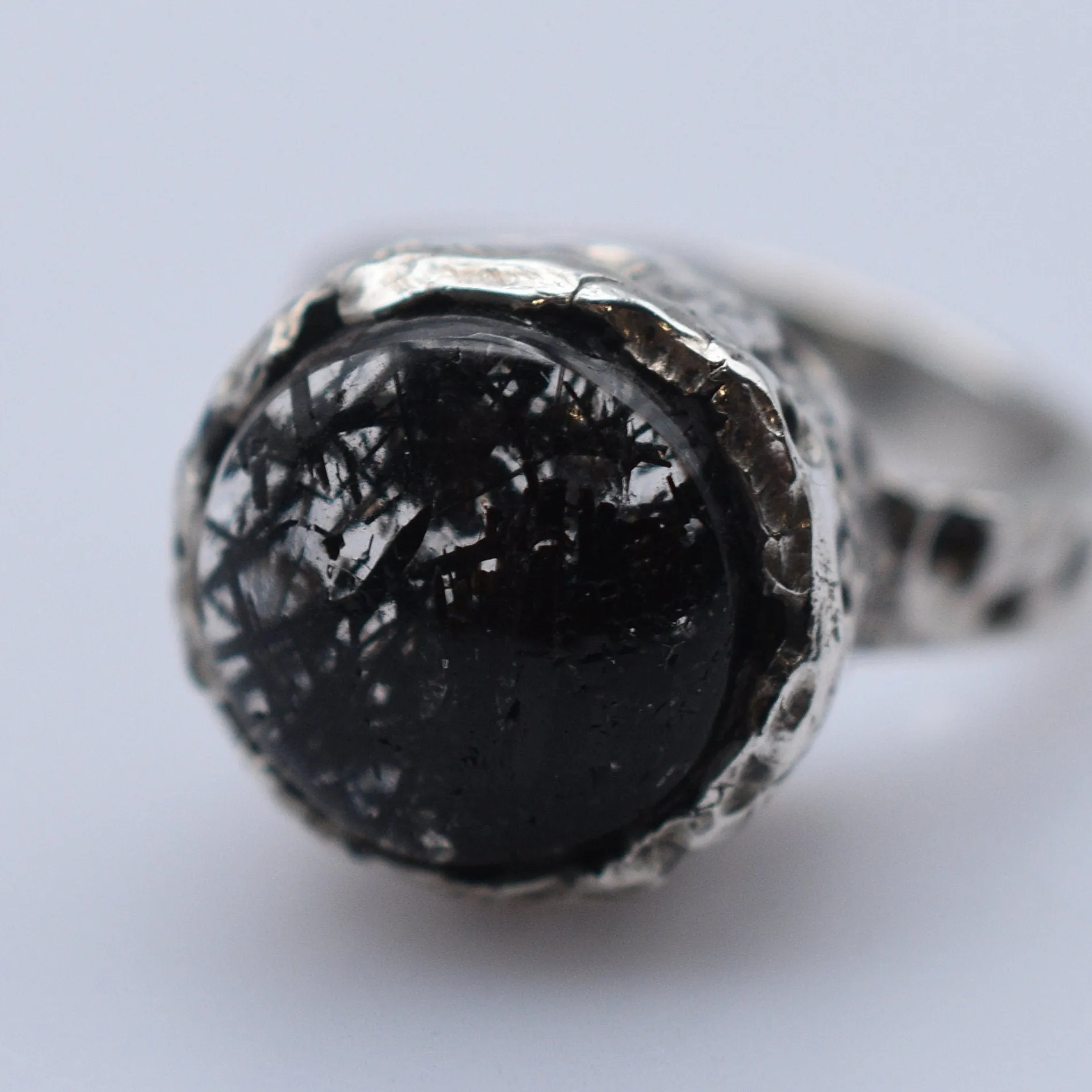 Extravagant Handcrafted Black Rutilated Quartz Silver Ring