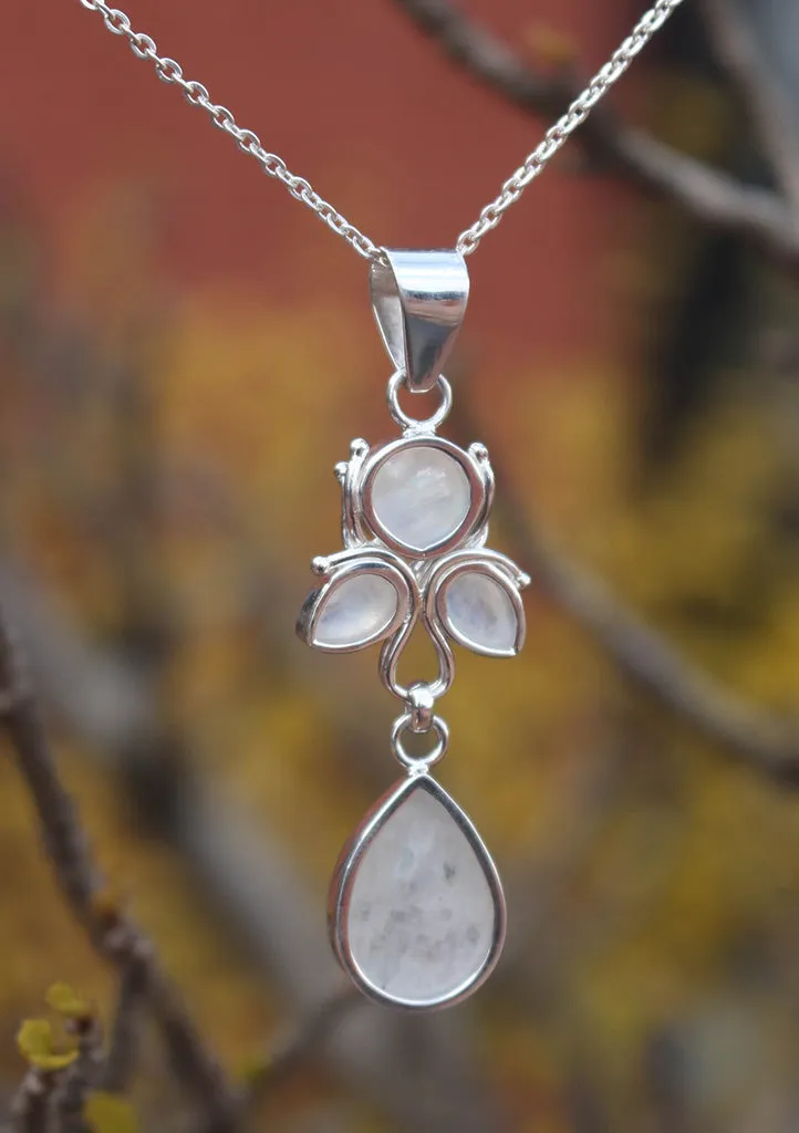 Flower Drop Rainbow Moonstone Sterling Silver Pendant
