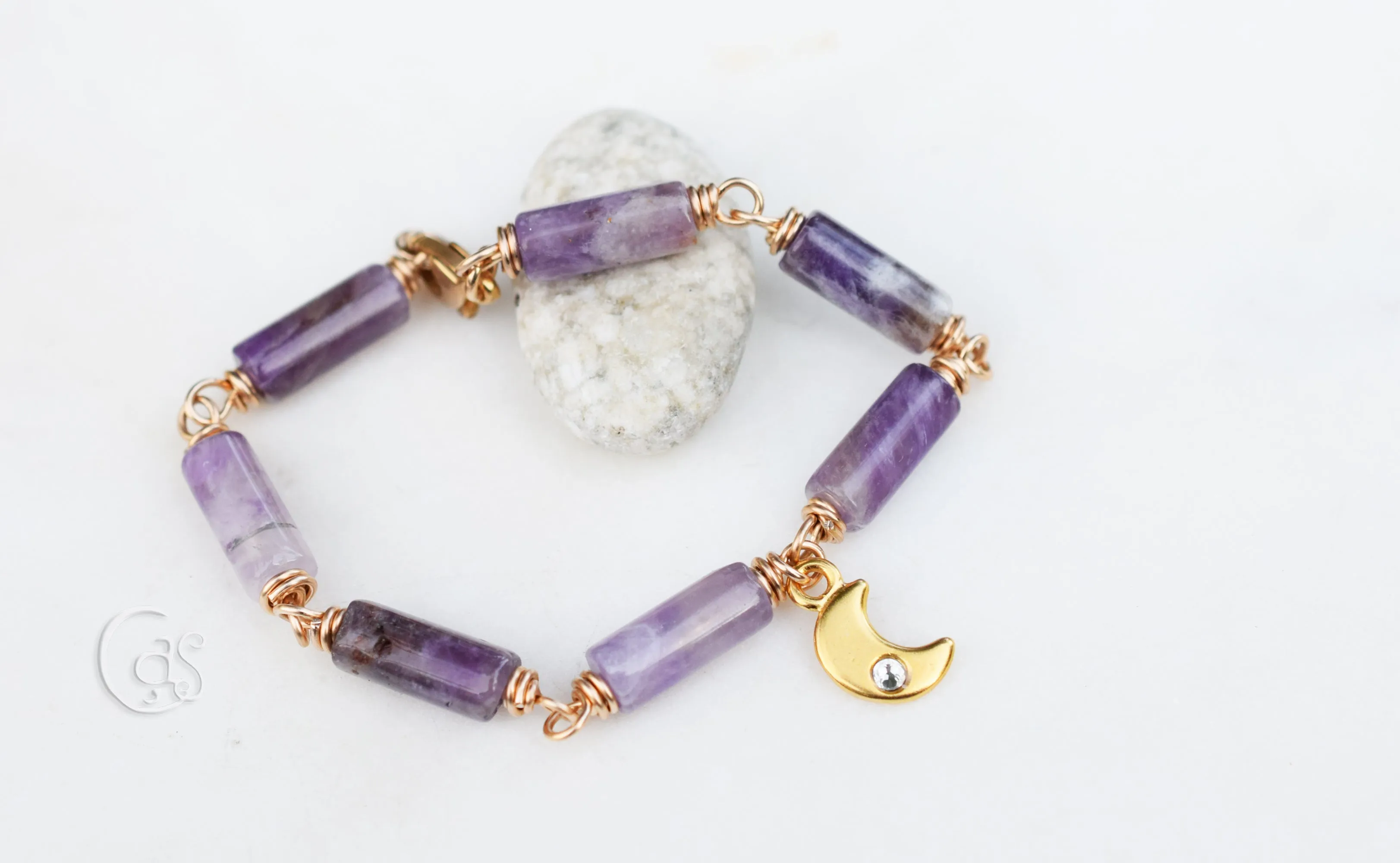 Gold Amethyst Moon Bracelet. Handcrafted Artisan Bronze. Natural Amethyst Gemstone Jewelry.