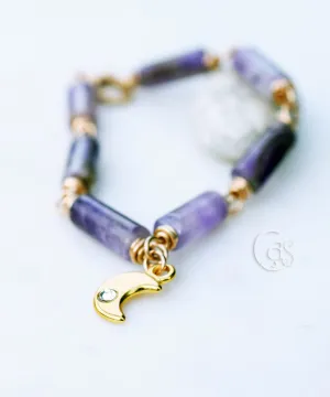 Gold Amethyst Moon Bracelet. Handcrafted Artisan Bronze. Natural Amethyst Gemstone Jewelry.