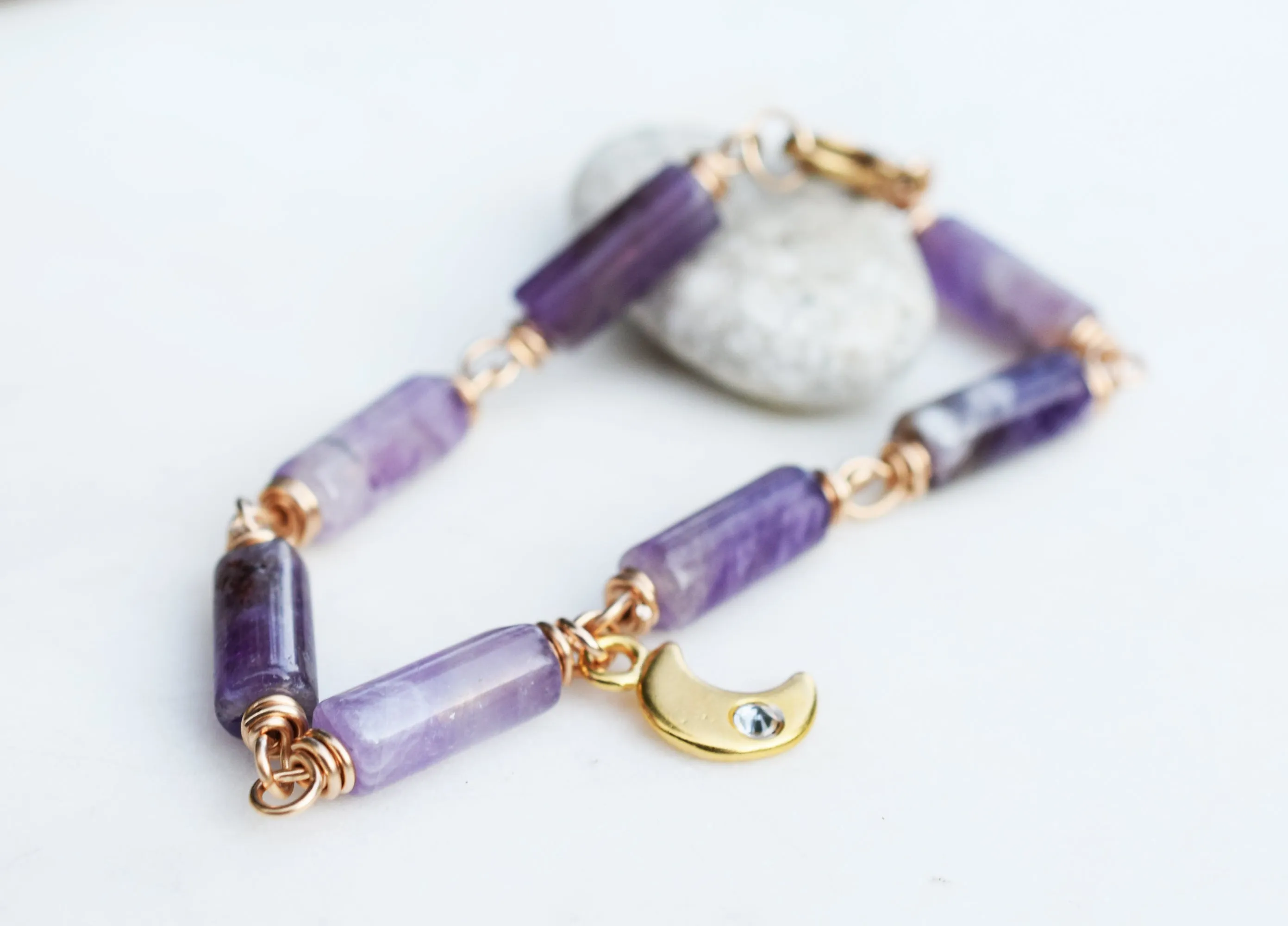 Gold Amethyst Moon Bracelet. Handcrafted Artisan Bronze. Natural Amethyst Gemstone Jewelry.