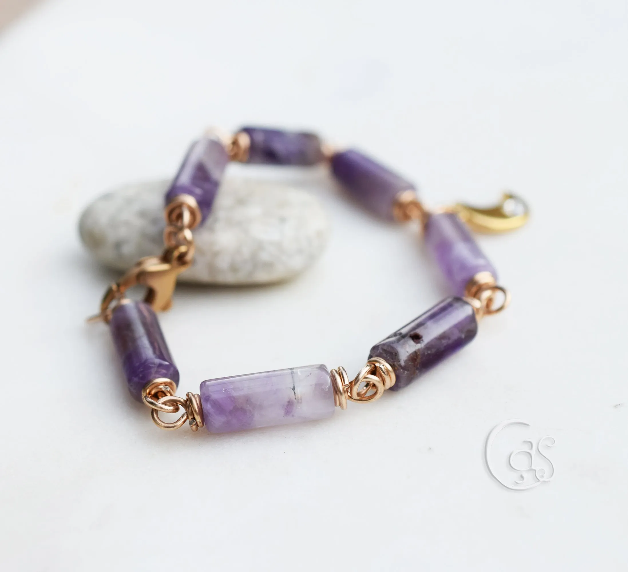 Gold Amethyst Moon Bracelet. Handcrafted Artisan Bronze. Natural Amethyst Gemstone Jewelry.
