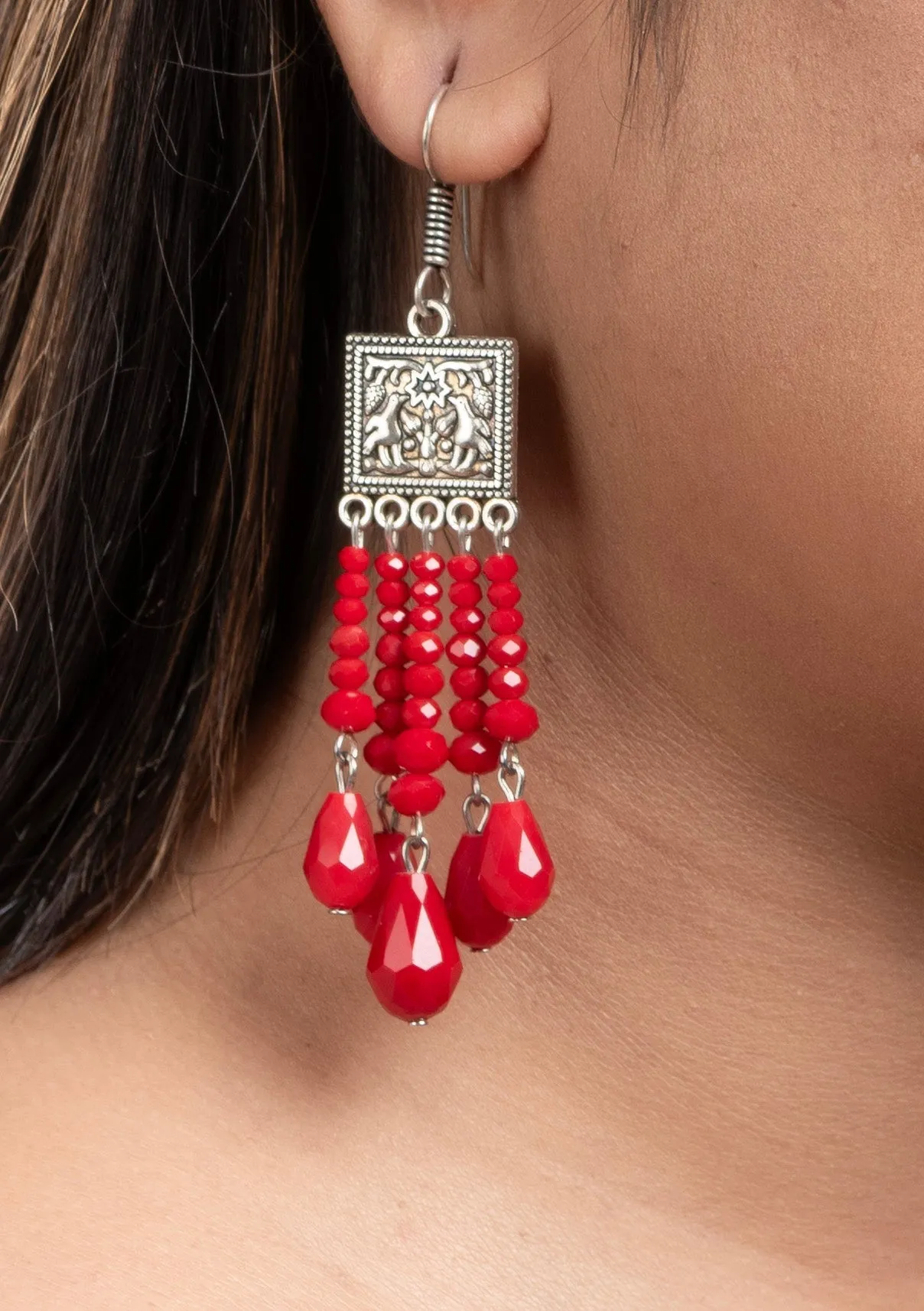 Handmade Oxidised Silver Red Crystal Drop Earrings in Elegant Square Charm Design for All Occasions