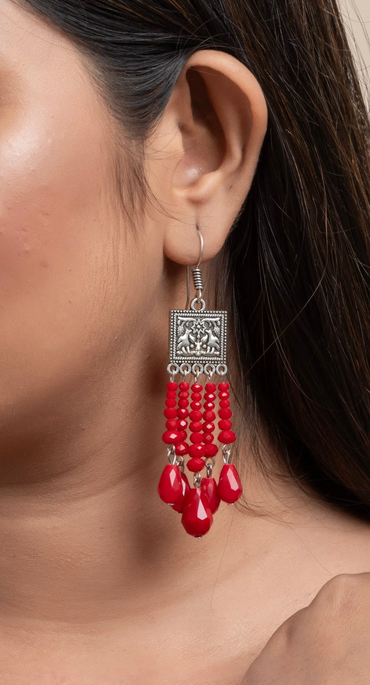 Handmade Oxidised Silver Red Crystal Drop Earrings in Elegant Square Charm Design for All Occasions