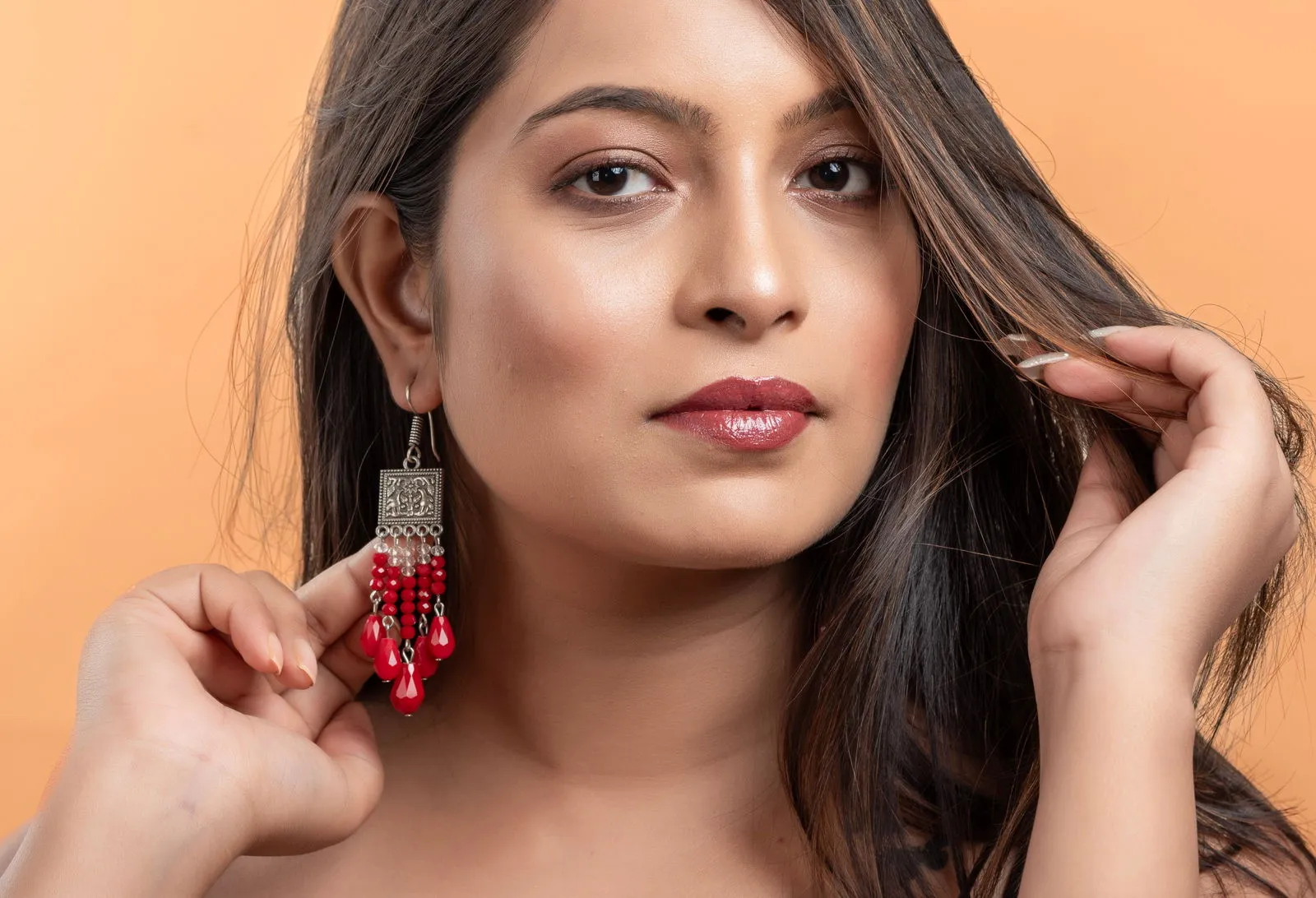 Handmade Oxidised Silver Red Crystal Drop Earrings in Elegant Square Charm Design for All Occasions