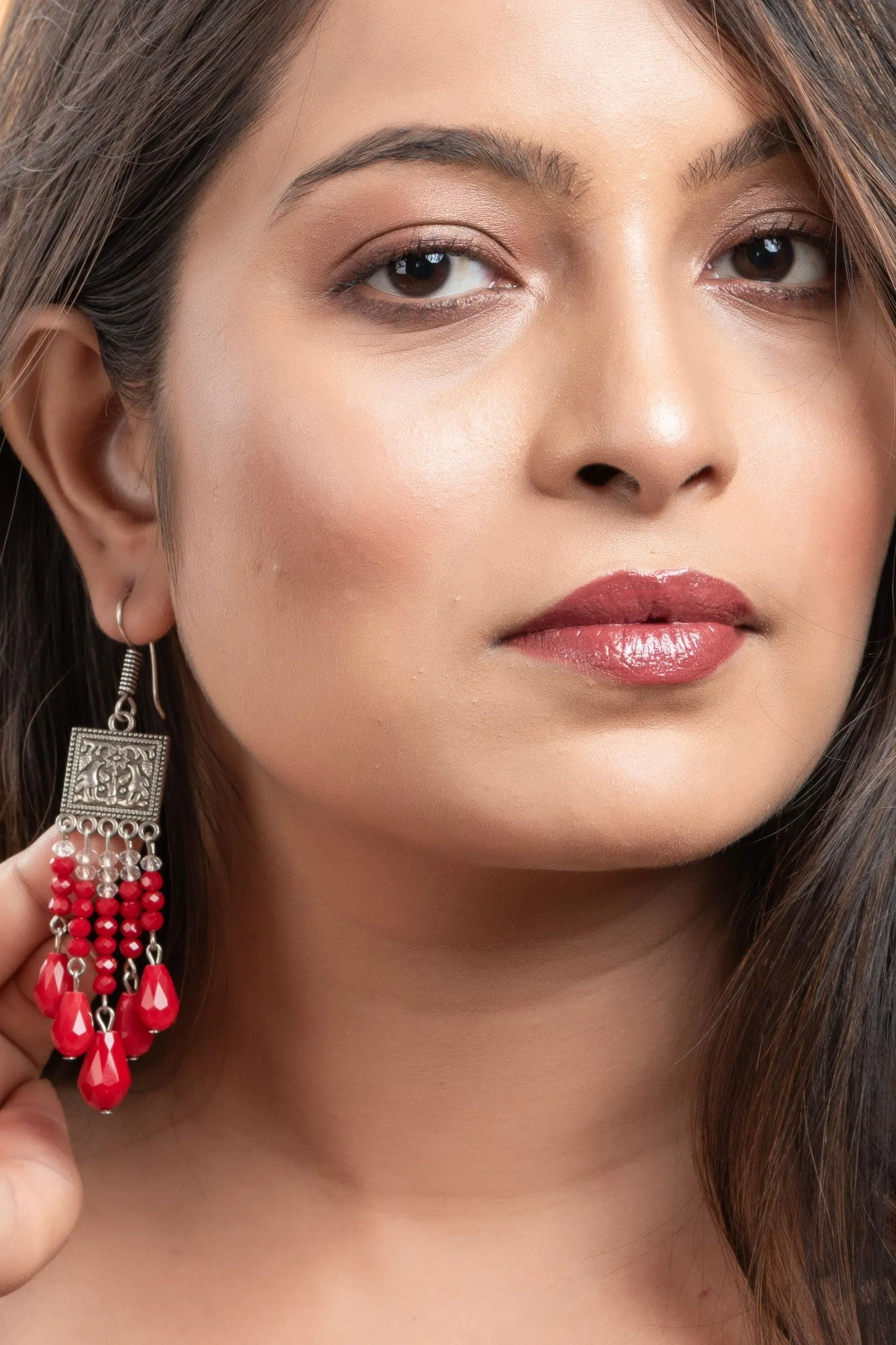 Handmade Oxidised Silver Red Crystal Drop Earrings in Elegant Square Charm Design for All Occasions