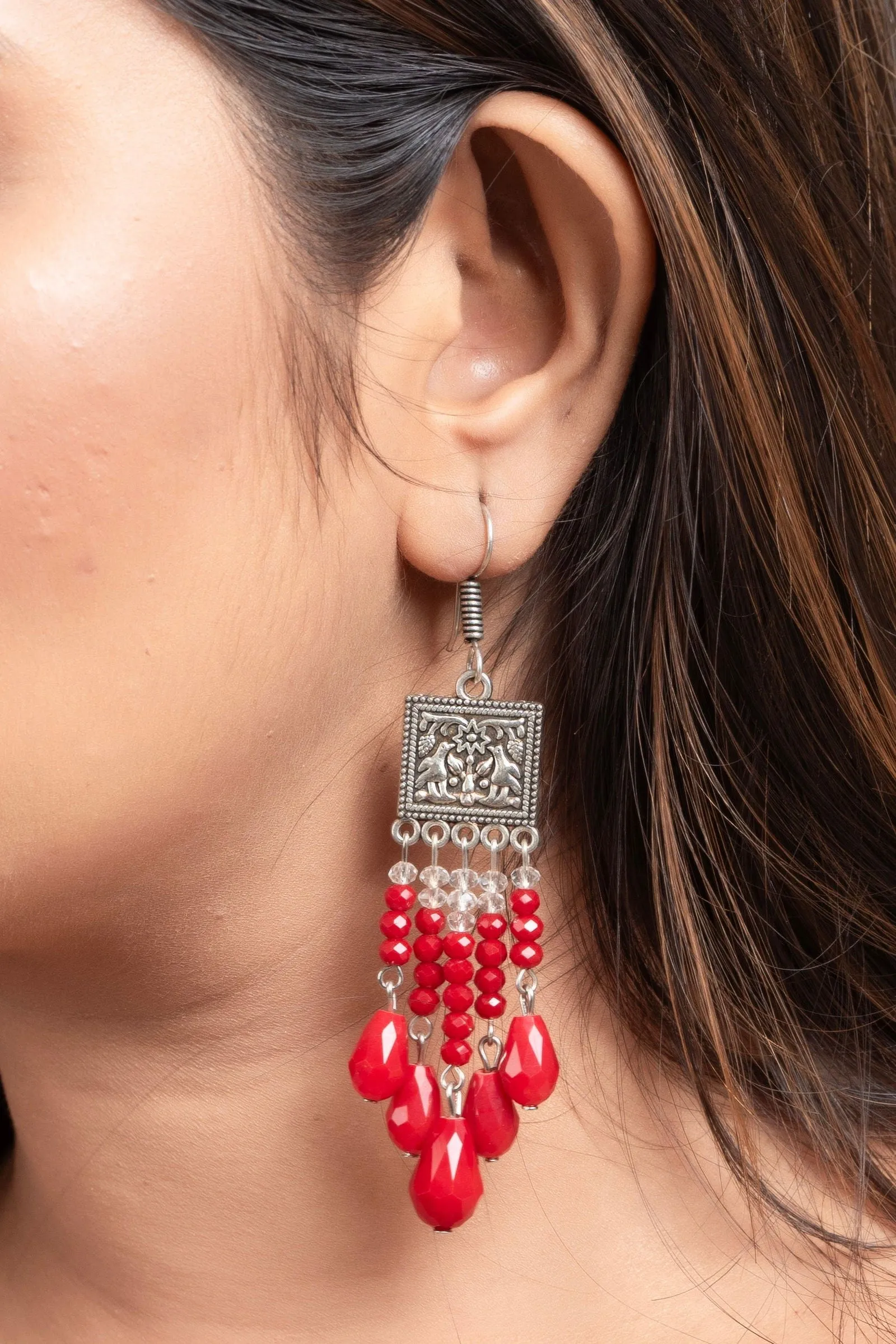 Handmade Oxidised Silver Red Crystal Drop Earrings in Elegant Square Charm Design for All Occasions