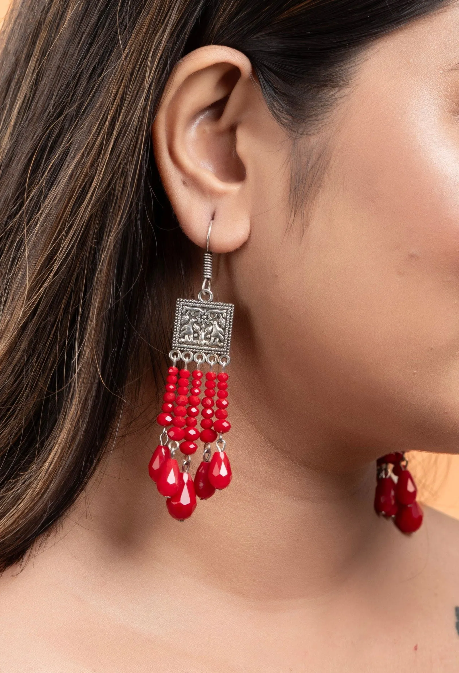 Handmade Oxidised Silver Red Crystal Drop Earrings in Elegant Square Charm Design for All Occasions